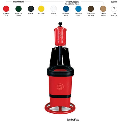 Roter Ballwascher mit schwarzem Standfuß und Metallring zur Befestigung auf Golfplatz.