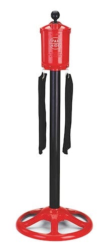 Roter Par Aide Ballwascher Master mit schwarzem Ständer und Bodenplatte.