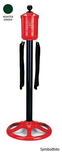 Roter Golfballreiniger mit schwarzem Ständer und flexiblen schwarzen Bürsten, Hunter Green Variante.