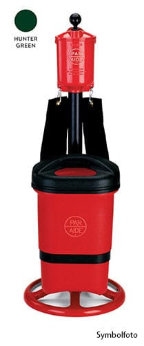 Roter und schwarzer Golfballreiniger mit grünem Schwammaufsatz und integriertem Wasserspender.