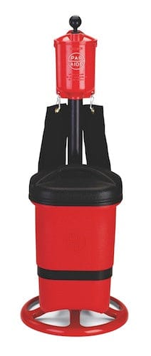 Rotes ParAide Ballwascher Master Ensemble mit Konsole und schwarzem Papierkorb auf rotem Metallrahmen.