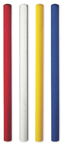 Runde Pfosten in Rot, Weiß, Gelb und Blau aus recyceltem Kunststoff, glatt und glänzend.