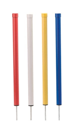 Runde Gefahrenmarker in Rot, Weiß, Gelb und Blau aus recyceltem Kunststoff mit Metallspitze.