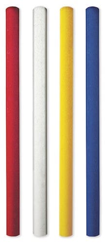 Vier runde Gefahrenmarker aus recyceltem Kunststoff in Rot, Weiß, Gelb und Blau ohne Erdspieß.