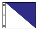 Blau-weiße Nylonfahne mit diagonaler Teilung und Metallösen zum Befestigen.