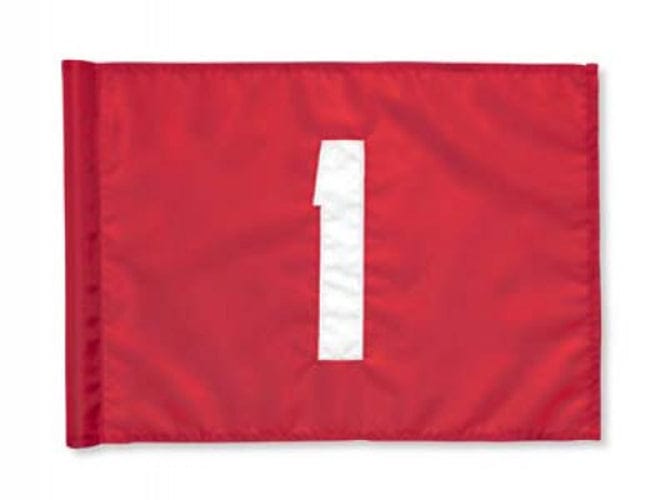 Rote Nylonfahne mit weißer Nummer 1 und Metallöse, rechteckig, glatte Oberfläche.