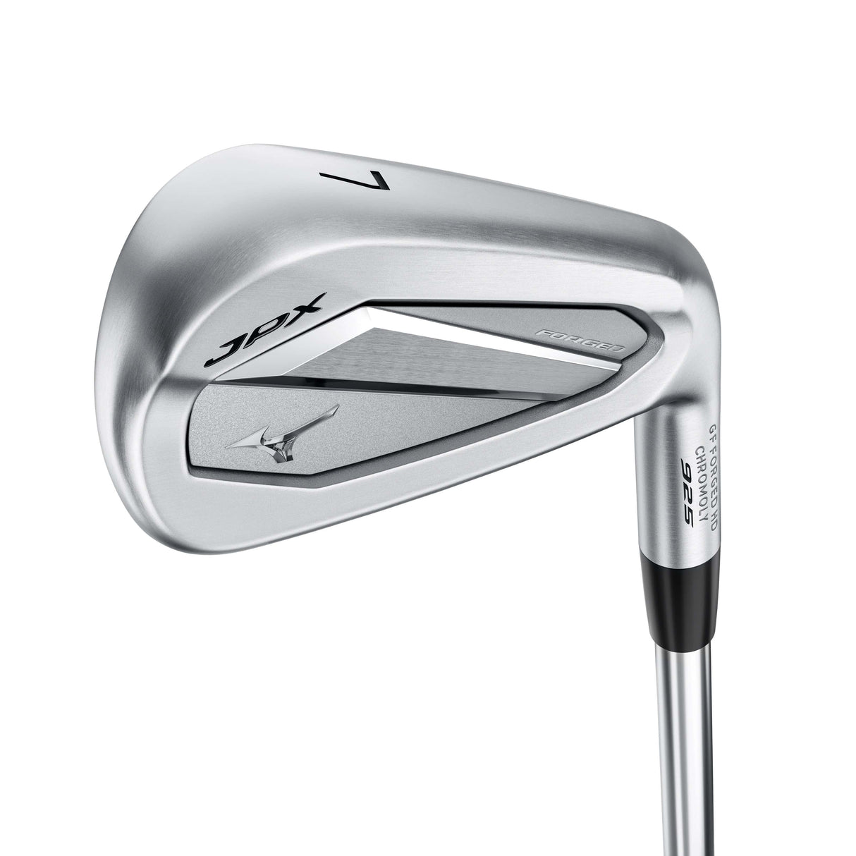 Silberner Mizuno JPX 925 Forged Golf-Eisenkopf mit schwarzem Schriftzug und modernem Design.