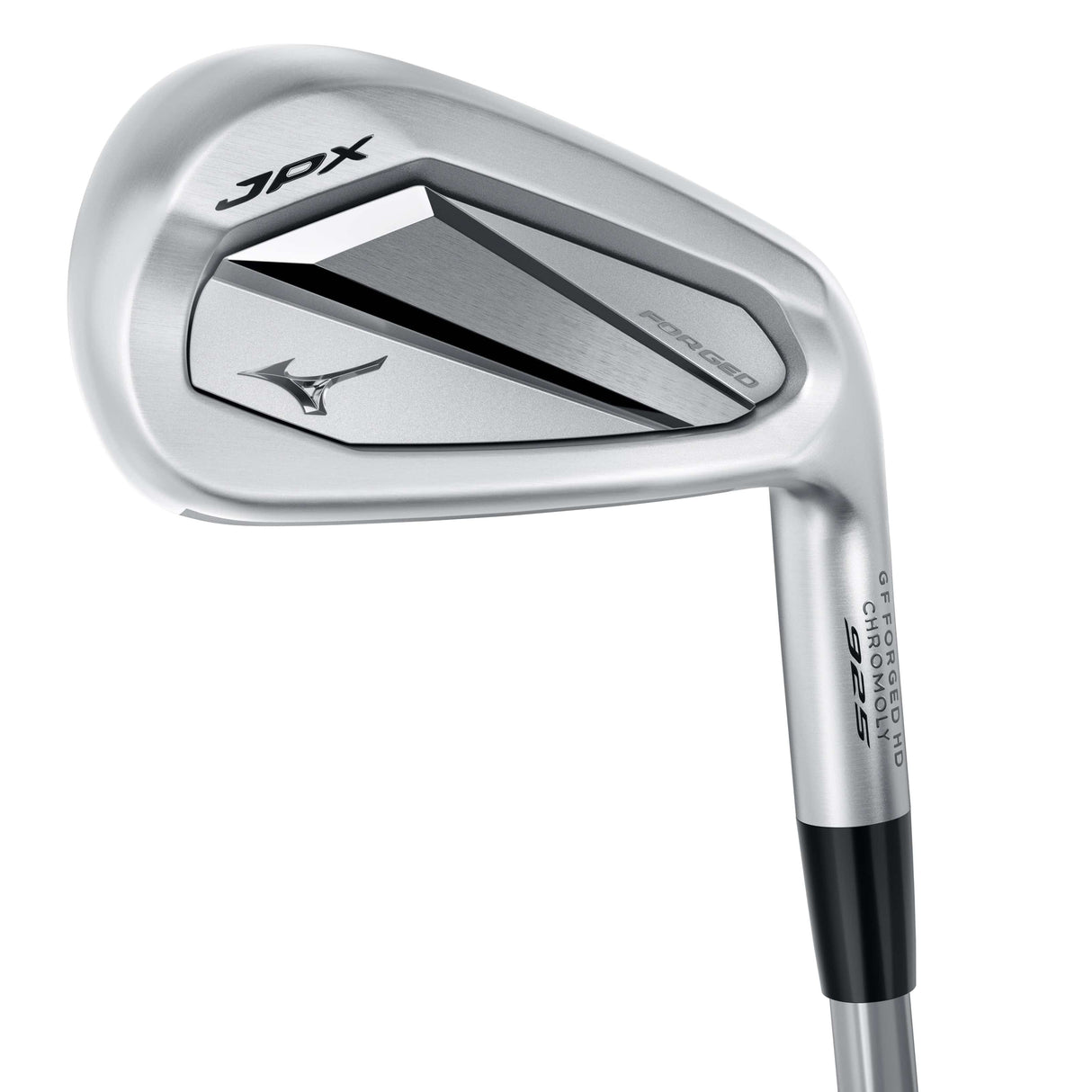 Silbernes Mizuno JPX 925 Forged Golf-Eisen mit schwarzem Grafikdesign, rechte Hand, Graphitschaft.