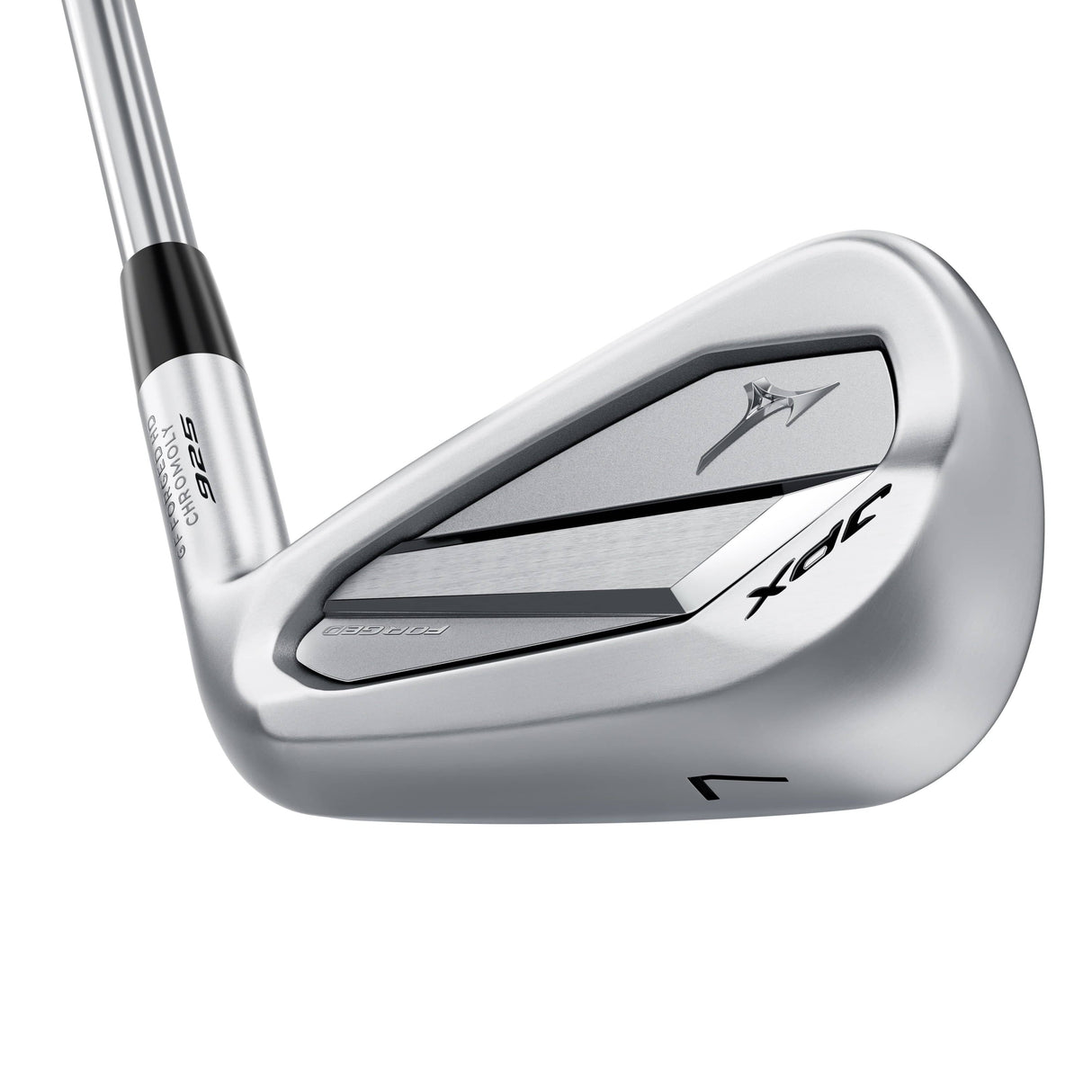 Silberner Mizuno JPX 925 Forged Golf-Eisen 7 mit schwarzem Akzent und schlankem Schaft.