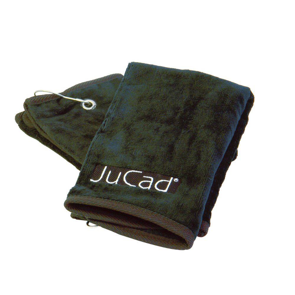 Schwarzes Jucad Golf-Handtuch aus weichem Mikrofaserstoff mit Logo und Karabinerhaken.