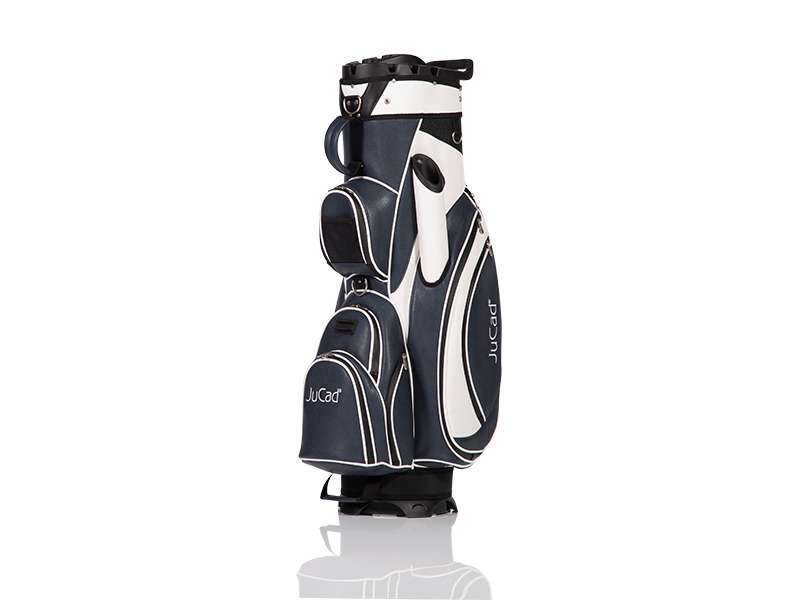 Schwarz-weißes JuCad Bag Manager PLUS Golfbag mit mehreren Reißverschlusstaschen und weißem Schriftzug.