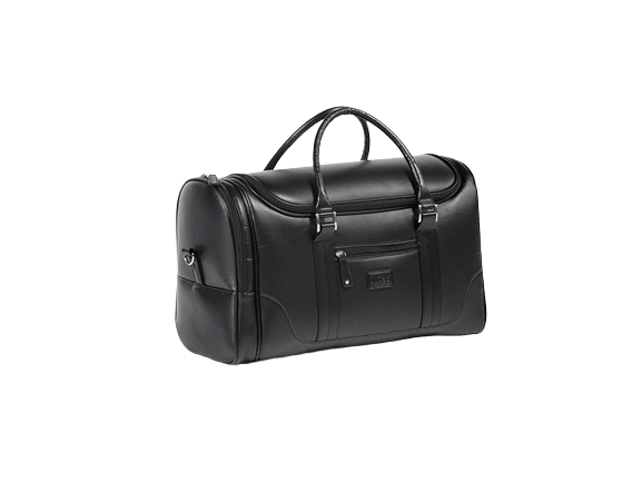 Schwarze JuCad Reisetasche aus Leder mit Tragegriffen und Reißverschlussverschluss.