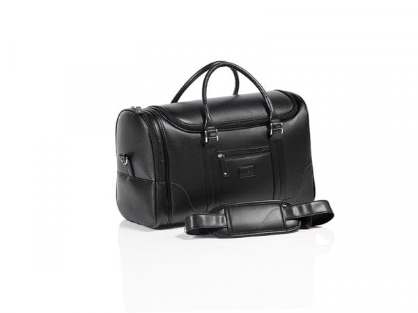 Schwarze JuCad Reisetasche aus Leder mit zwei Tragegriffen und abnehmbarem Schultergurt.