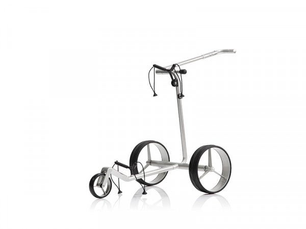 Elektro-Golftrolley mit leichtem Carbonrahmen in Silber, drei großen Rädern, tragbarem Design.