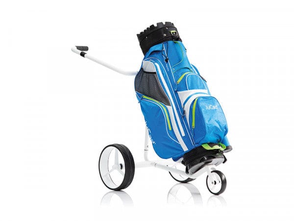 Elektrischer JuCad Carbon Travel Bianco SV 2.0 Golftrolley in Blau mit weißen und grünen Akzenten.