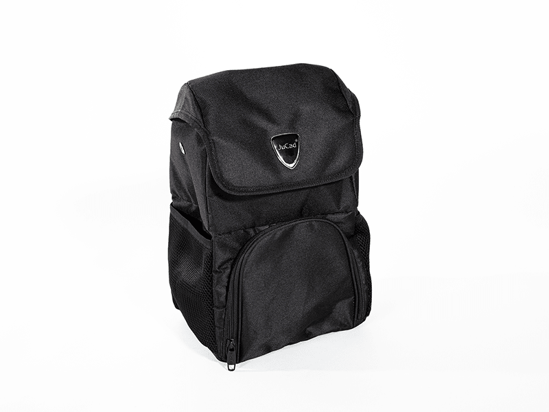 Schwarzer JuCad Smartbag Golf Trolley-Rucksack mit mehreren Reißverschlusstaschen und Logoaufschrift.