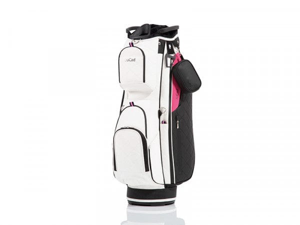 Weiß-schwarzes JuCad First Class Golf-Cartbag mit mehreren Taschen und pinken Akzenten.