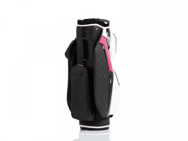 Schwarz-pink JuCad First Class Cartbag mit mehreren Taschen und robustem Tragegriff.