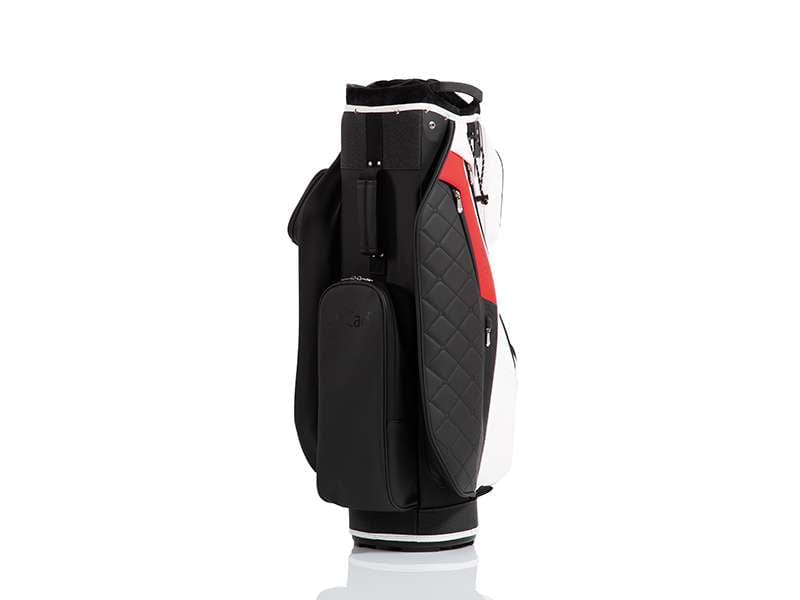 Schwarz-rotes JuCad Bag First Class Golfcartbag mit mehreren Seitentaschen und gepolstertem Griff.