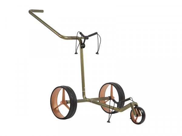 Dreirädriger Golftrolley JuCad Carbon Verde in Rosé mit schlankem Metallrahmen und Tragebügel.