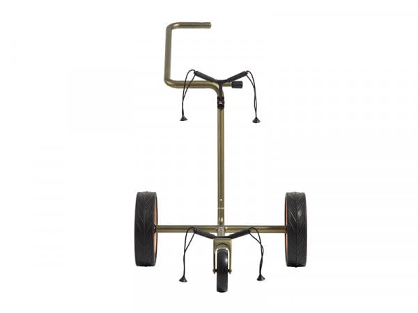 Dreirädriger Golftrolley JuCad Carbon Verde in Rose mit robustem Gestell und dicken Reifen.