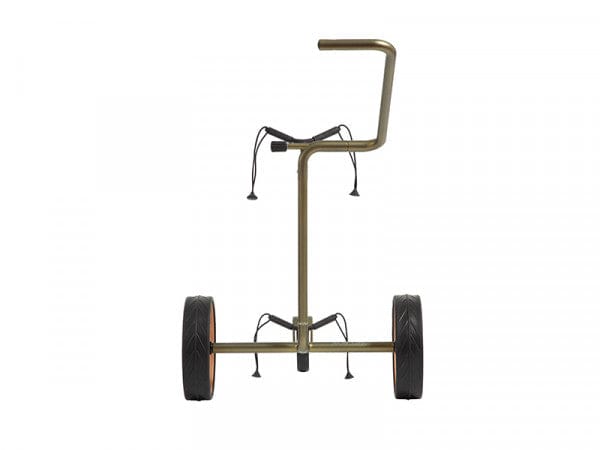 Golftrolley JuCad Carbon Verde in Roségold mit drei stabilen Reifen und minimalistischem Design.