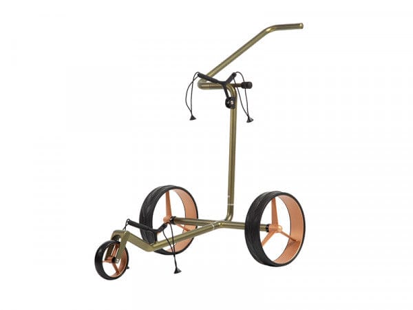 Dreirädriger Golftrolley JuCad Carbon Verde in Roségold mit schwarzem Gestell und ergonomischem Griff.