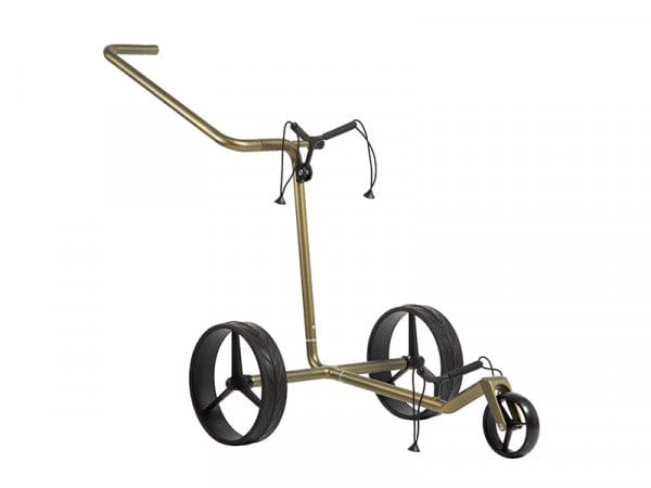 Schwarzer JuCad Carbon Verde 3-Rad-Golftrolley mit minimalistischem Metallrahmen und großem Lenkergriff.
