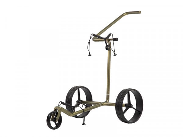 Schwarzer 3-Rad-Golftrolley aus Carbon mit verstellbarem Griff und stabilen Rädern.