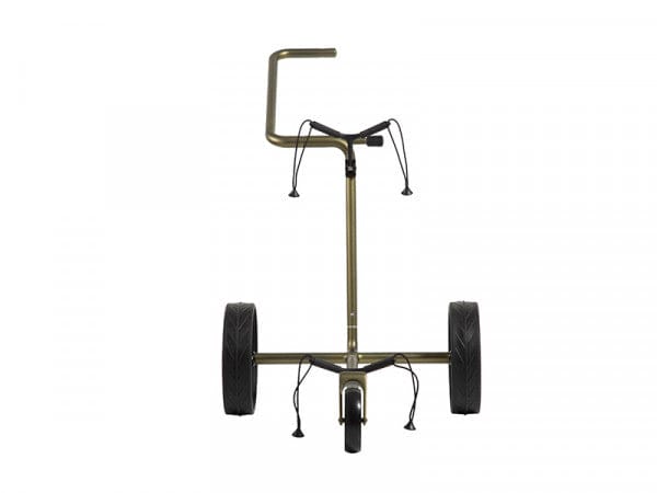 Schwarzer JuCad Carbon Verde Golftrolley mit drei Rädern und leichtem Metallrahmen.