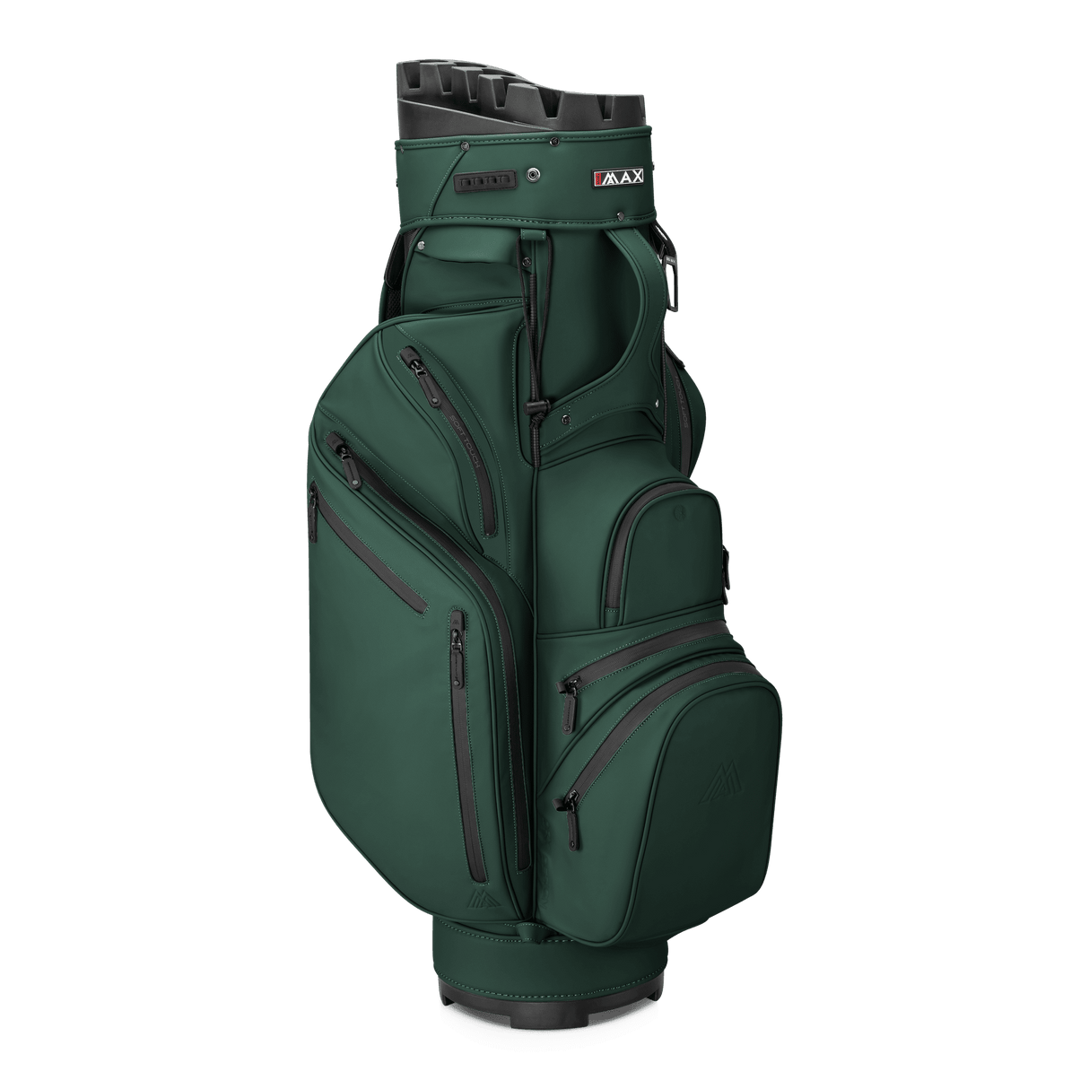 Dunkelgrünes Big Max Dri Lite Silencio Prime Cartbag mit mehreren Reißverschlussfächern und Organizer oben.