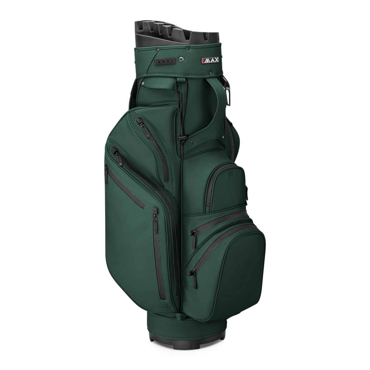 Dunkelgrünes Big Max Dri Lite Silencio Prime Cartbag mit mehreren Reißverschlussfächern und Organizer oben.