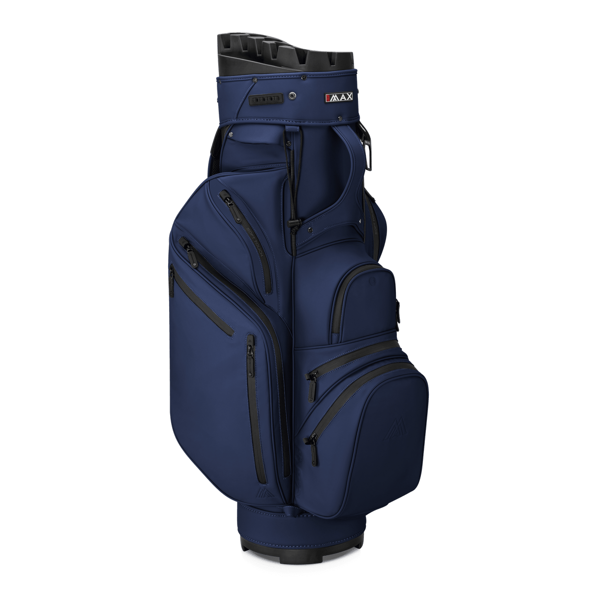 Navyblaues Big Max Dri Lite Silencio Prime Cartbag mit mehreren Reißverschlussfächern und modernem Design.