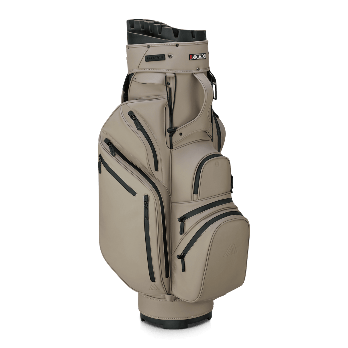 Taupefarbenes Big Max Dri Lite Silencio Prime Golf-Cartbag mit mehreren Reißverschlusstaschen und gepolstertem Griff.