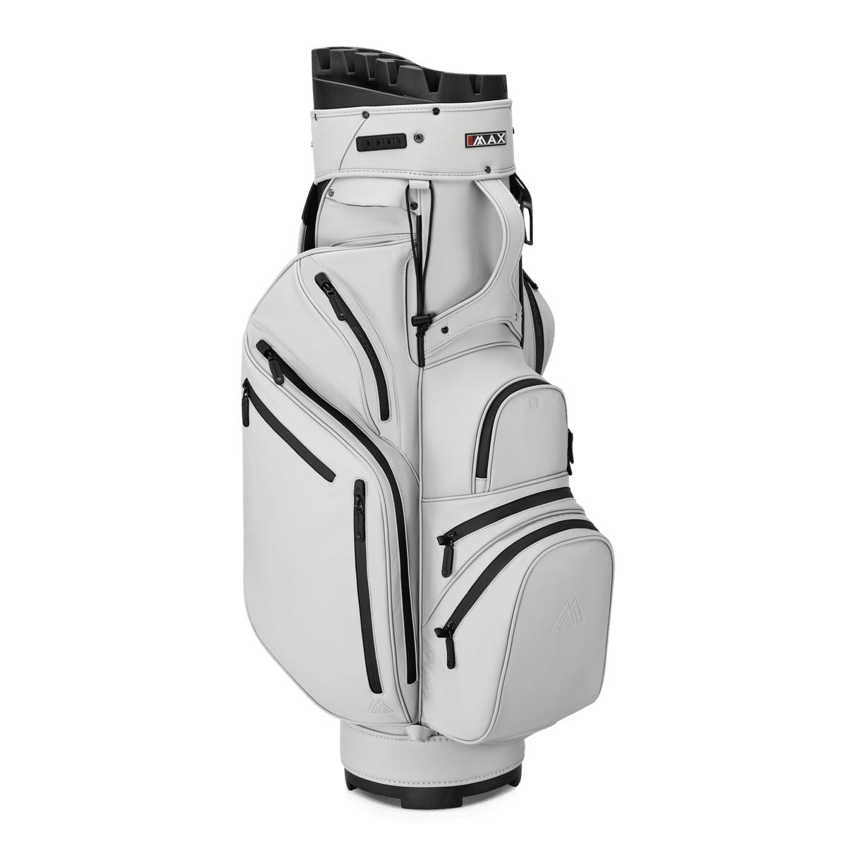 Off-weißes Big Max Dri Lite Silencio Prime Golf-Cartbag mit mehreren Reißverschlusstaschen und schwarzem Logo.