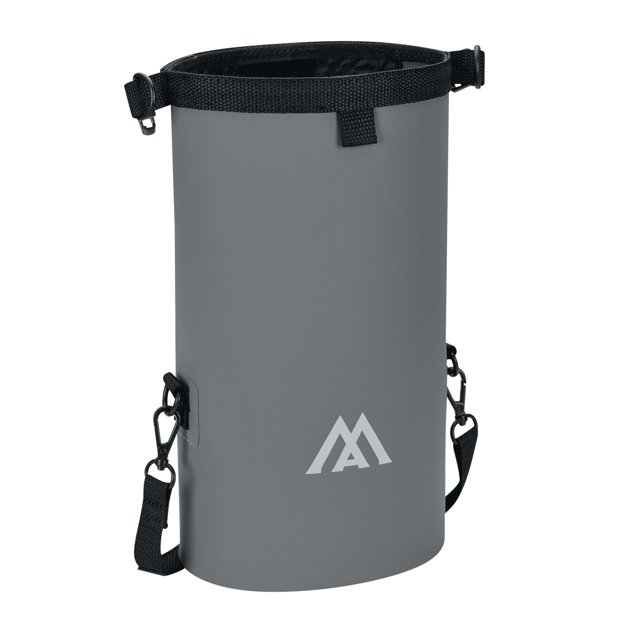 Grauer Big Max Aqua Dry Packsack mit schwarzem Verschluss und abnehmbarem Schulterriemen.
