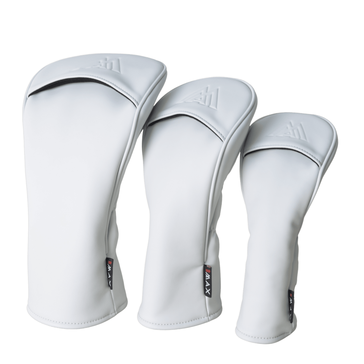 Weiße SoftGuard PU Golf-Headcover in drei Größen mit dezentem Logo und glatter Oberfläche.