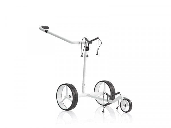Elektrischer JuCad Carbon Travel Golftrolley in Weiß mit drei Rädern und schlankem Design.