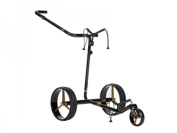 Schwarzer Jucad Carbon Travel Special 2.0 Golftrolley mit drei Rädern und klappbarem Lenker.