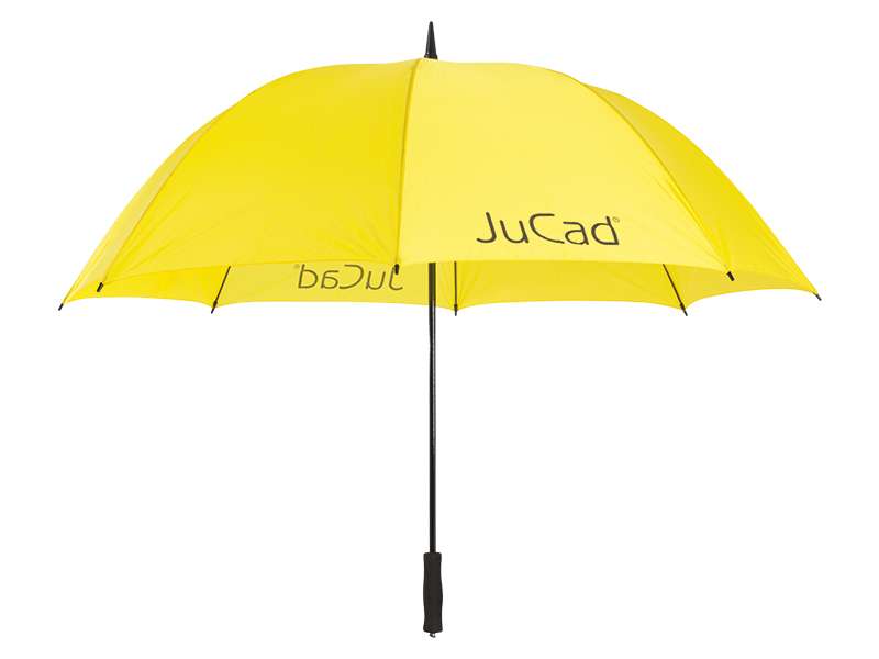 Gelber JuCad Golf-Regenschirm ohne Schirmstift mit schwarzem Griff und JuCad-Logo.