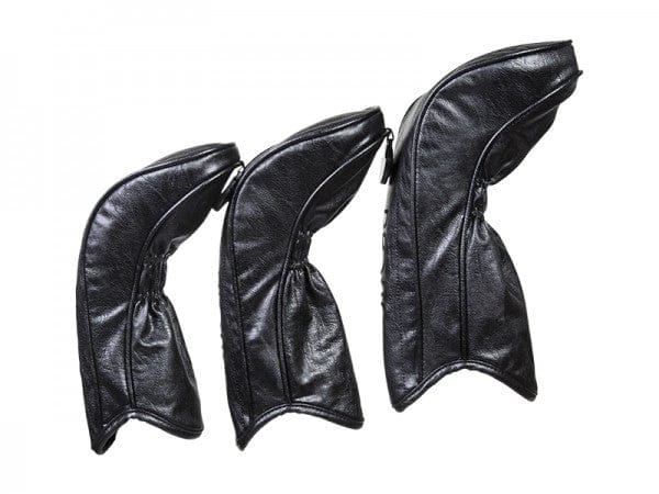 Schwarze JuCad Golf Schlägerhauben aus Leder in drei verschiedenen Größen.