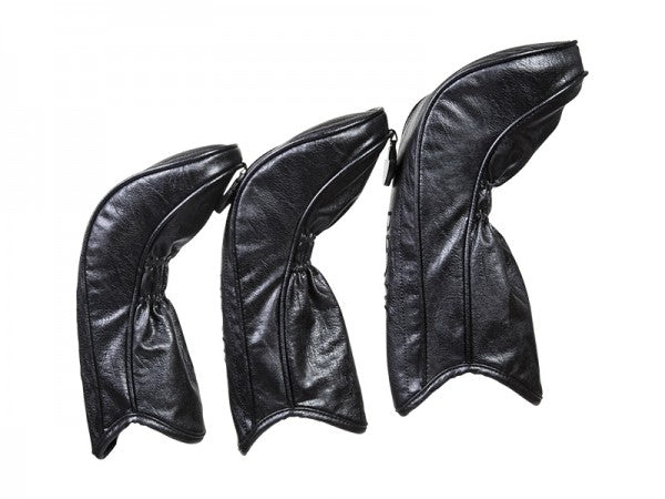 Schwarze JuCad Golf Schlägerhauben aus Leder in drei verschiedenen Größen.