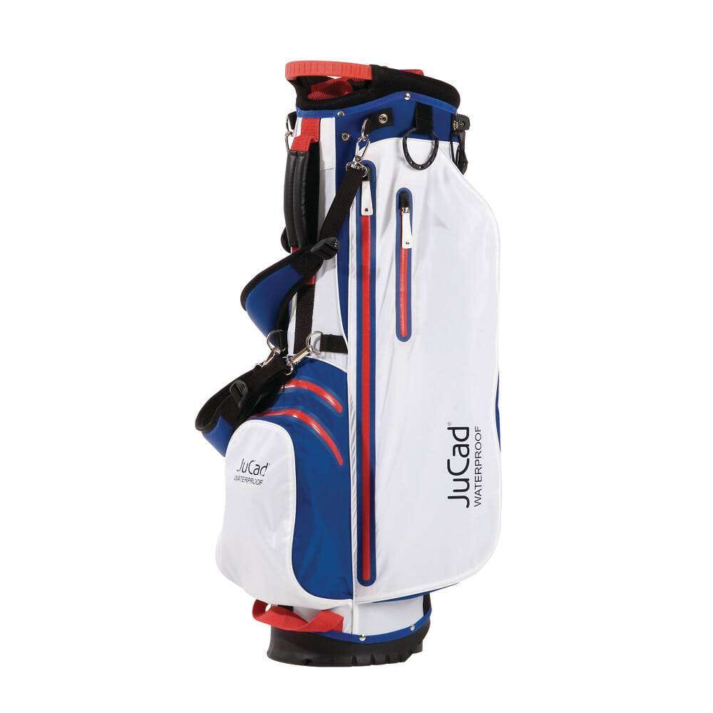 Wasserdichtes JuCad 2 in 1 Hybrid Golfbag in Blau-Weiß-Rot mit mehreren Reißverschlusstaschen und schwarzem Schultergurt.