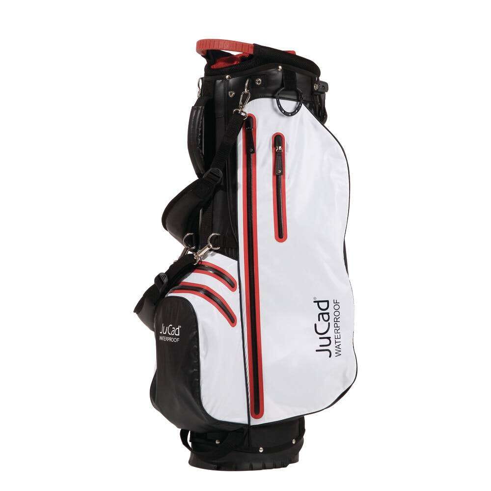 Weißes JuCad 2 in 1 Hybrid Golfbag mit schwarzem und rotem Akzent, wasserdicht, mit Logo und mehreren Taschen.