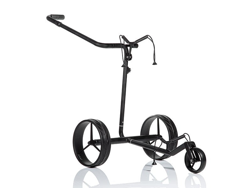 Schwarzer JuCad Carbon Travel Nero SV 2.0 Elektrotrolley mit drei Rädern und klappbarem Lenker.