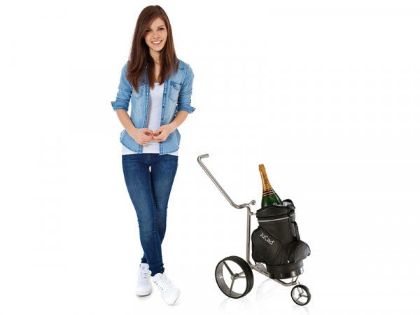 Schwarzer Jucad Champagner Caddy Golf-Trolley mit Kühltasche und Flasche, zwei große Räder.