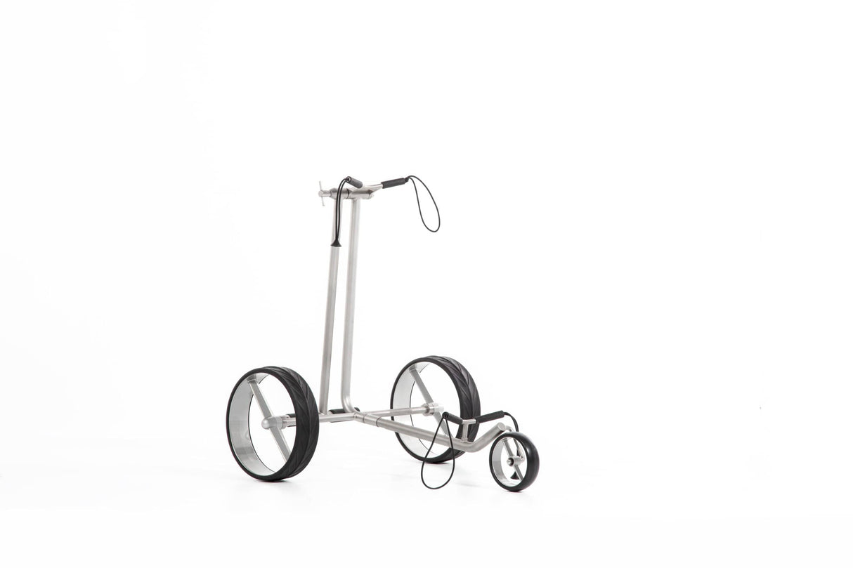 Blauer JUCAD Ghost Titan manueller 3-Rad-Golftrolley mit Titanstahlrahmen und verstellbarem Griff.