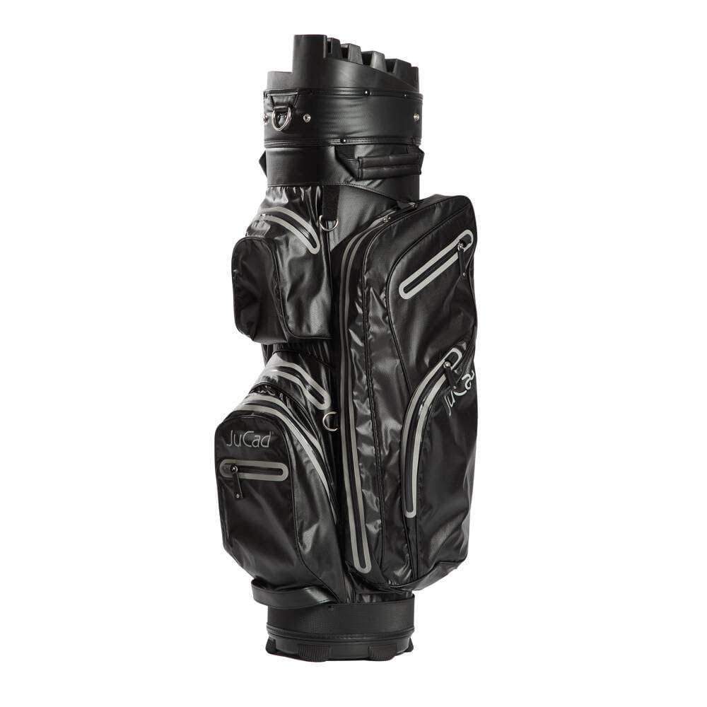 Schwarzes JuCad Manager Dry Cartbag mit mehreren Reißverschlusstaschen und gepolstertem Tragebereich.