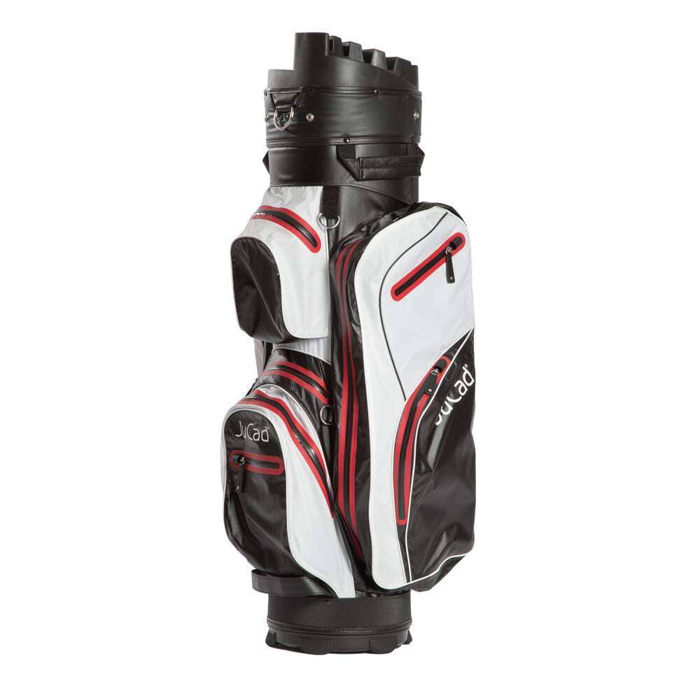 Golf-Cartbag JuCad Manager Dry in Weiß-Schwarz-Rot mit mehreren Reißverschlusstaschen und Logo sichtbar.