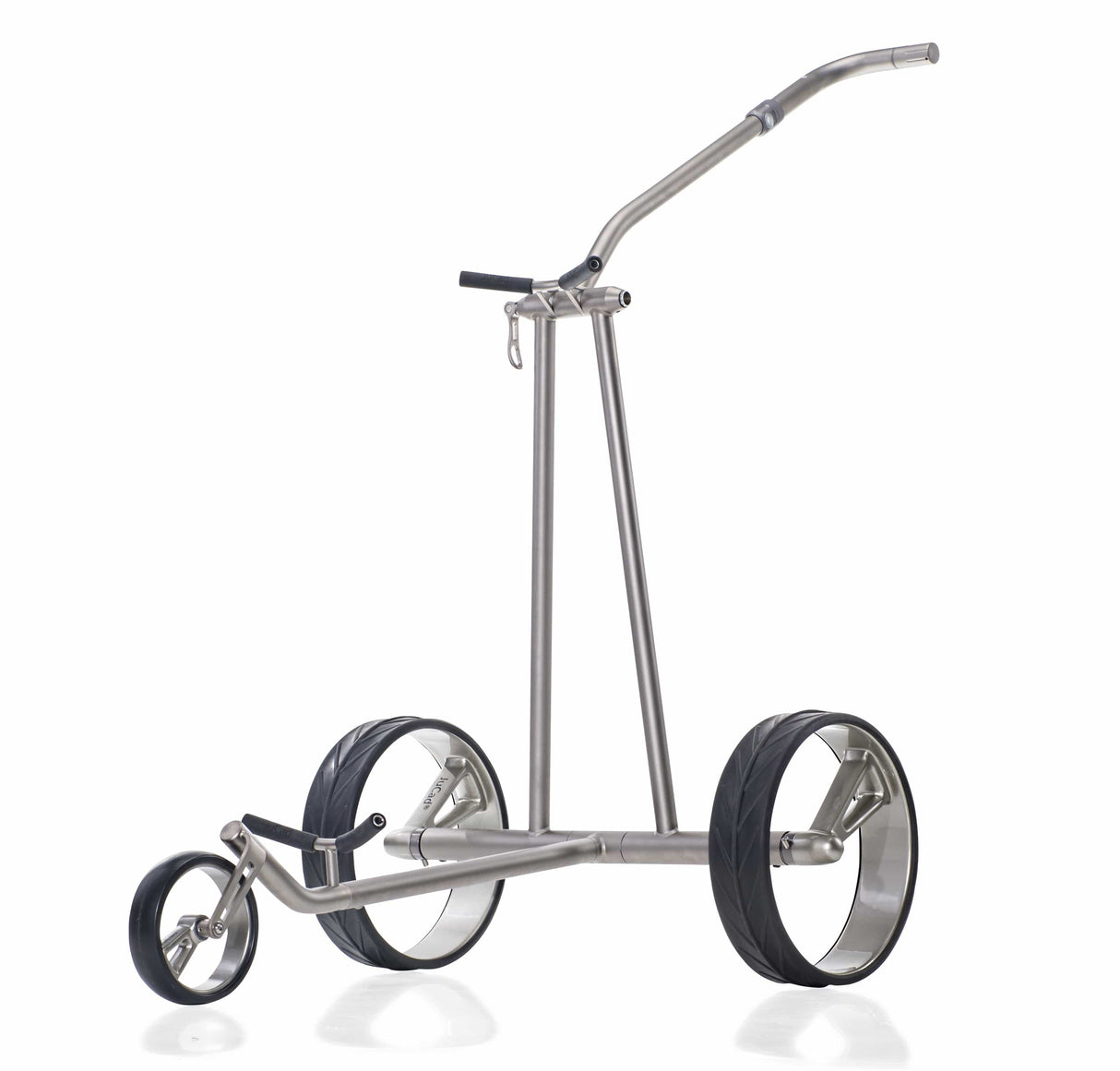 Elektro-Golftrolley Jucad Phantom Titan eX 2.0 aus silbernem Titan mit drei Rädern und verstellbarem Griff.